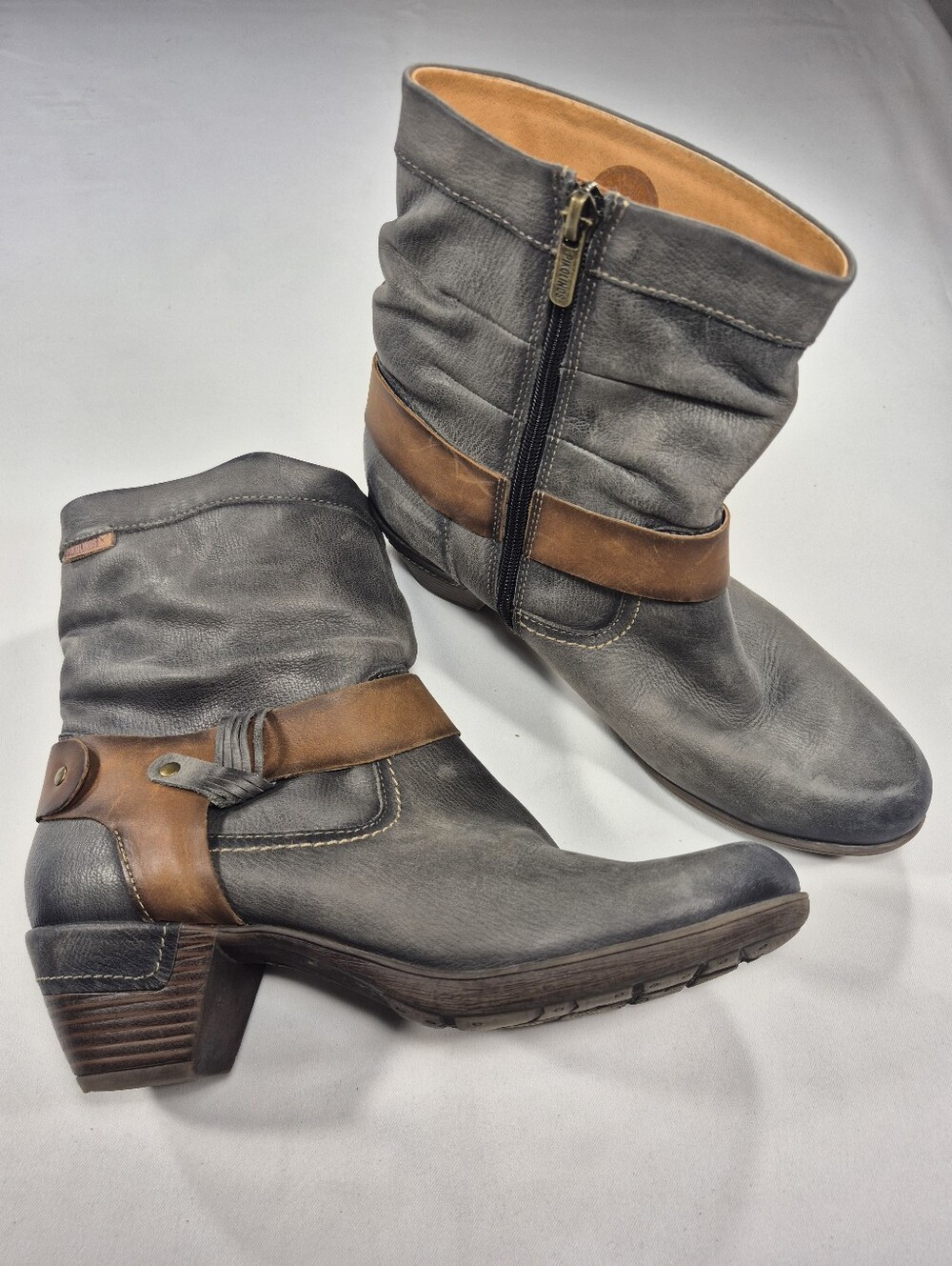 Like New! PIKOLINOS Gray & Brown Leather Ankle Boots with Side Zipper